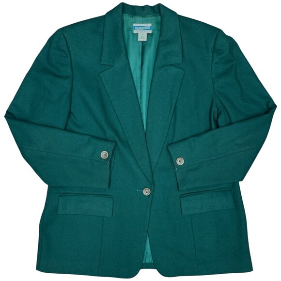 VINTAGE Women's PENDLETON Virgin Wool‎ One-Button Blazer Emerald | Size 14 - Picture 1 of 13